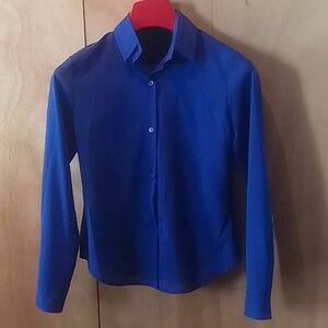 Women's long sleeve button up shirt in rich royal blue, size M/L, unknown brand